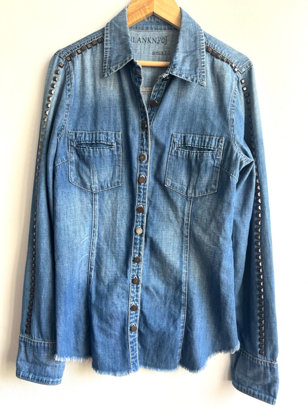 Western Cowgirl Blank NYC Light Blue Stud-Trim Denim Button-Down Shirt